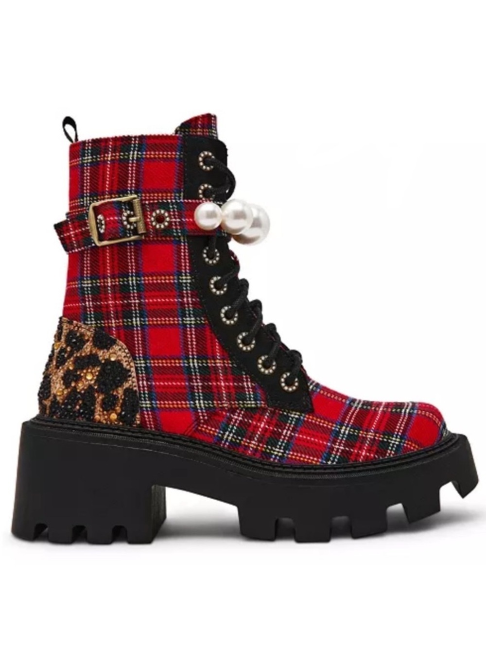 NEW In Box Betsey Johnson Jonnie Embellished Plaid Combat Boots Size 6.5